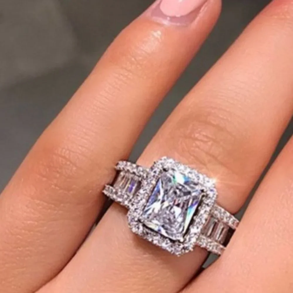 *NEW 925 Silver Radiant Cut Diamond Halo Ring